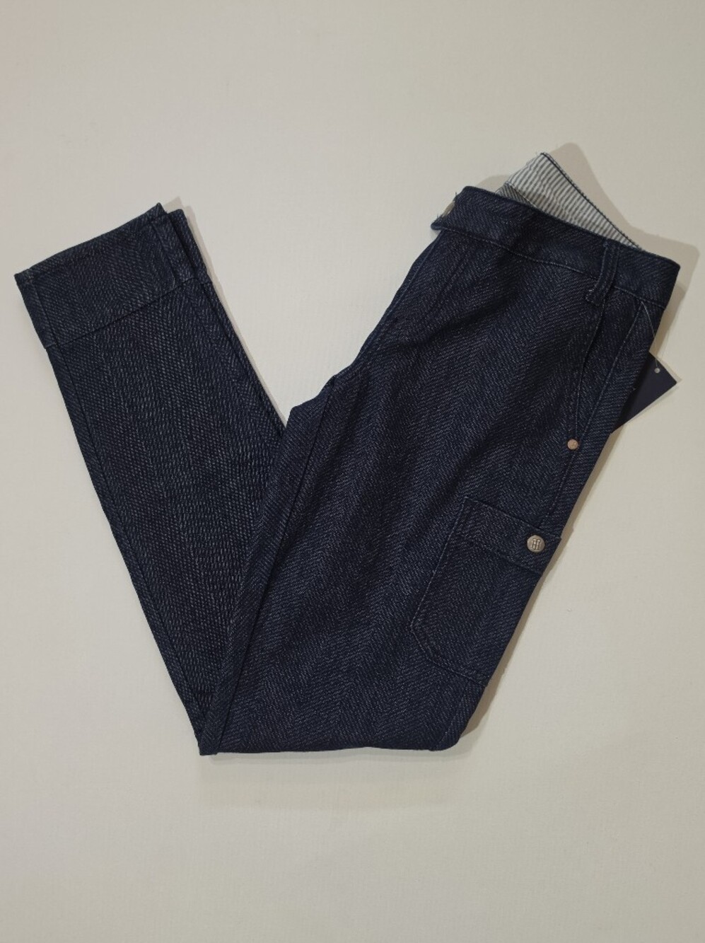 NWT Tommy Hilfiger Cargo Denim Utility Pants Womens 30 Blue Herringbone Nautical